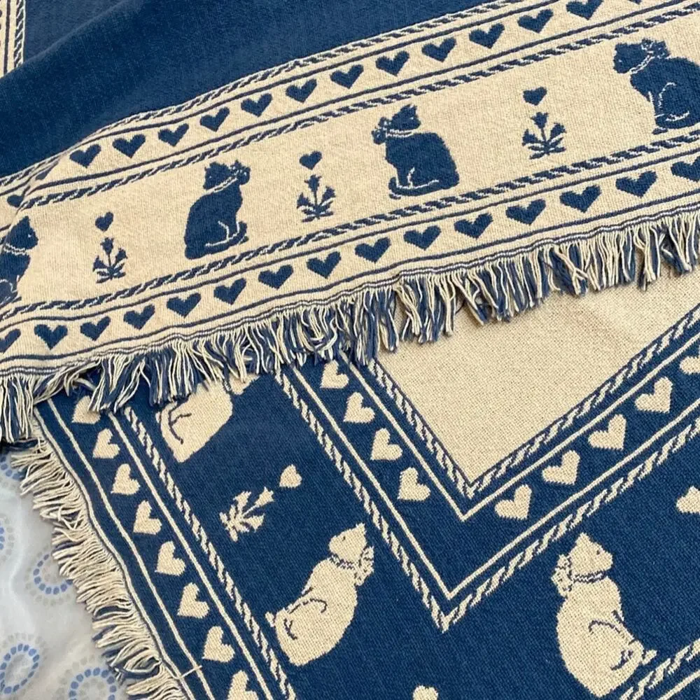 Vintage Cats & Hearts Tapestry Reversible Throw Blanket Fringe Navy Blue Kitty